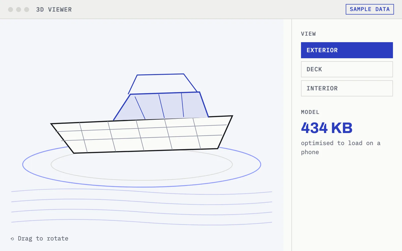 Mock-up of a 3D viewer: a boat drawn in lines on a turntable, with a panel to choose the view.